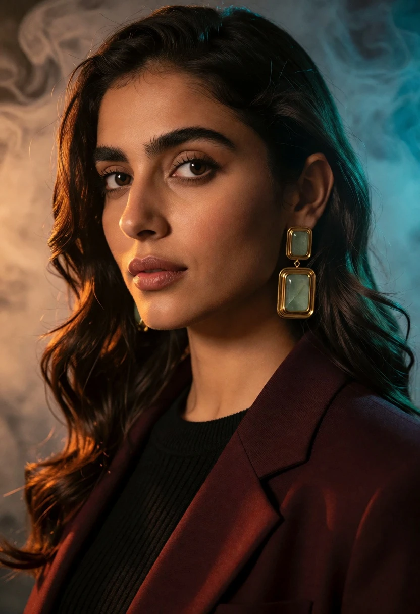Close up portrait of woman with dark hair against smoky orange teal - AI generated image prompt sample
