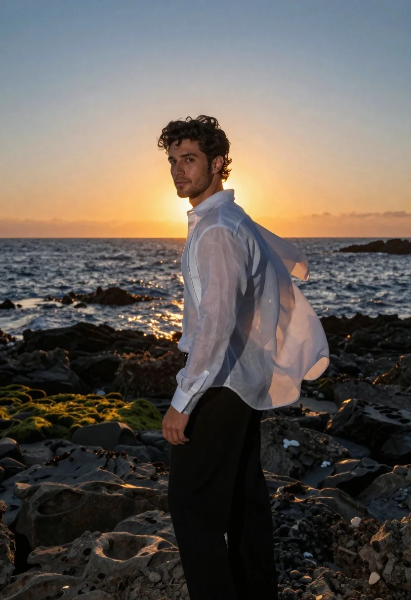Handsome man in white shirt standing on rocky coast at sunset - AI generated image prompt sample