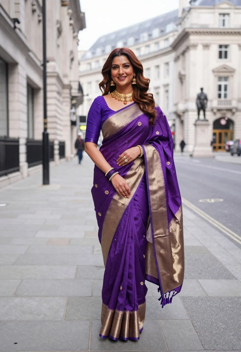 Smiling woman in purple silk saree on a london city street