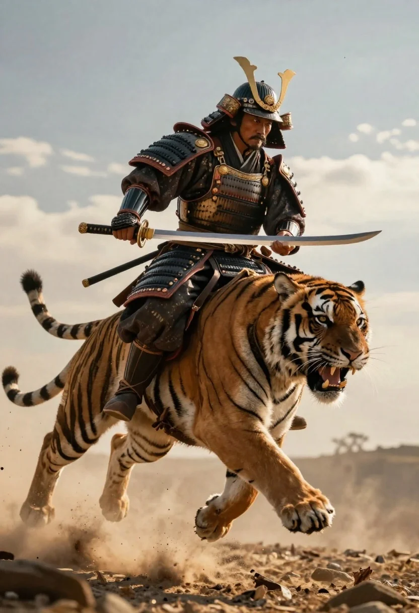 Samurai warrior on tiger leaping through dusty air