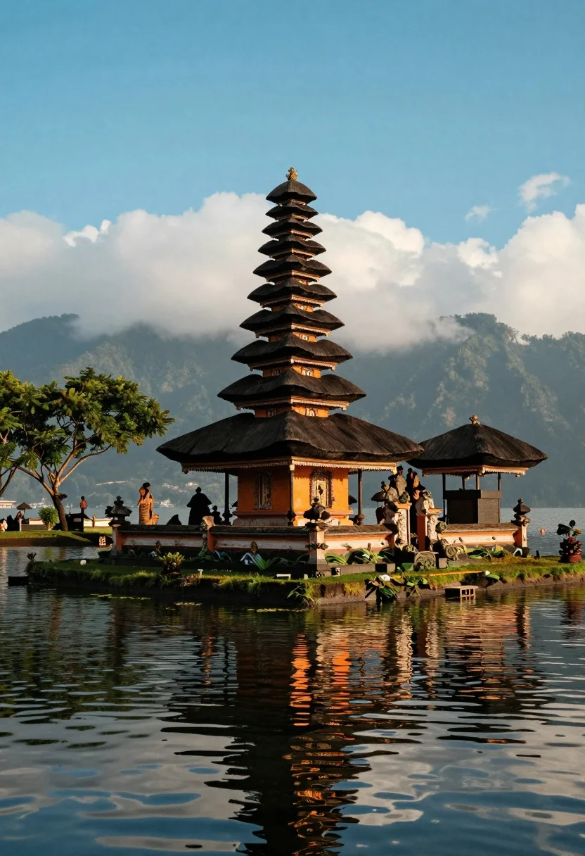 Majestic balinese style temple on grassy island in calm lake setting - AI generated image prompt sample