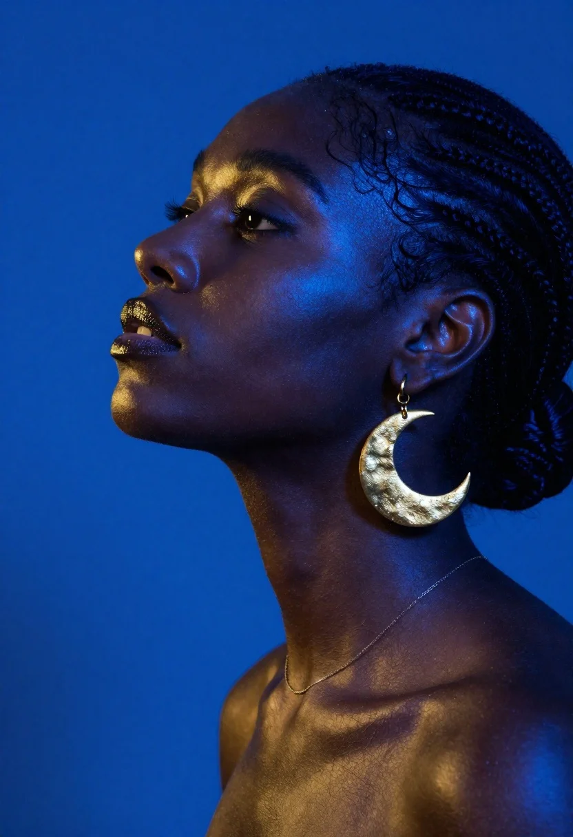 Dark skinned woman portrait with blue lighting
