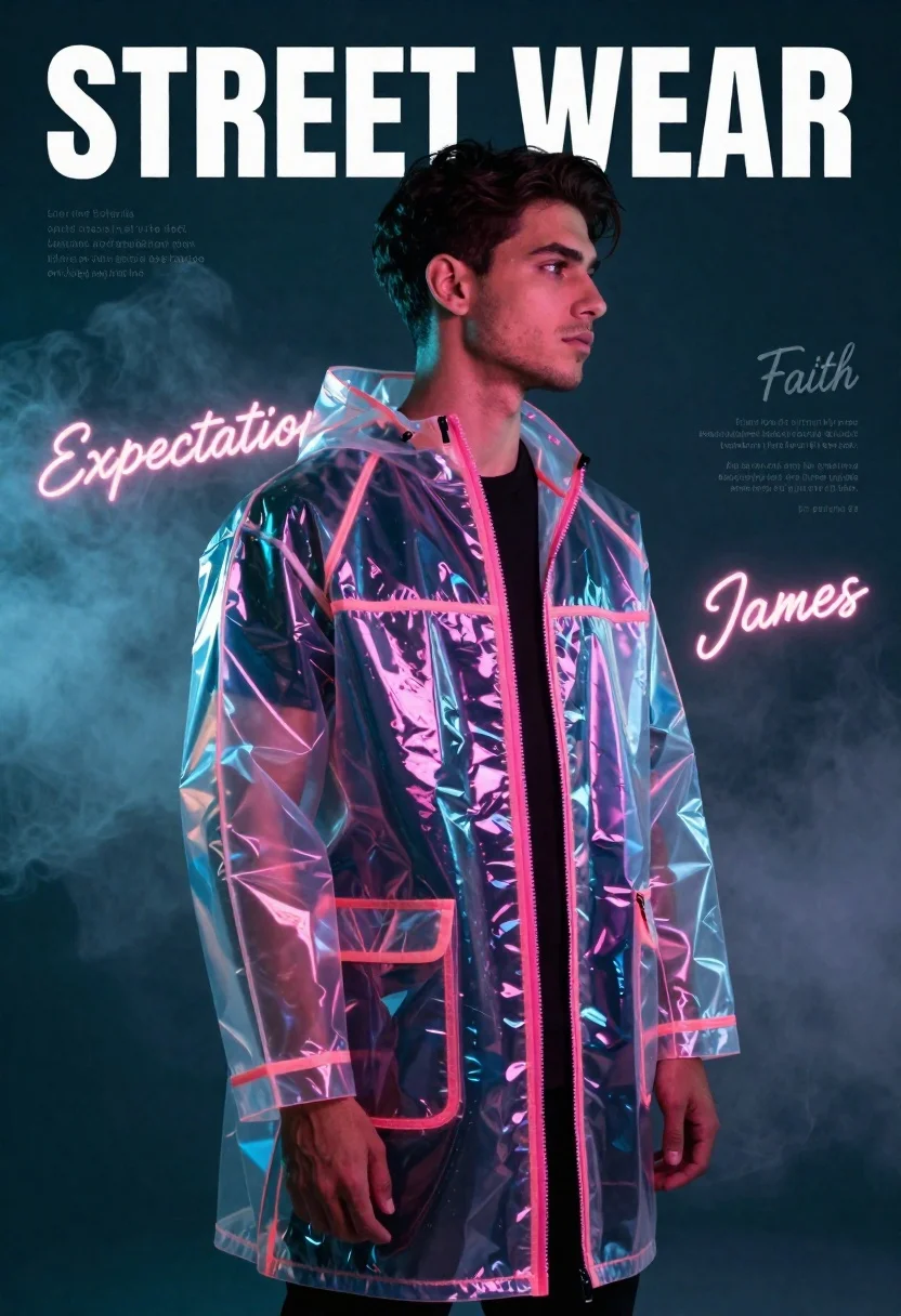 Young man in iridescent raincoat standing in smoky studio with neon lights - AI generated image prompt sample