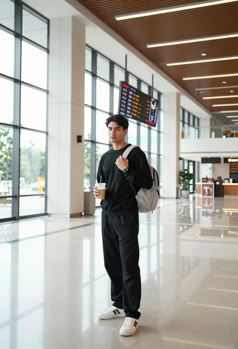 Full length photograph of young man in black outfit inside modern hall - AI generated image prompt sample