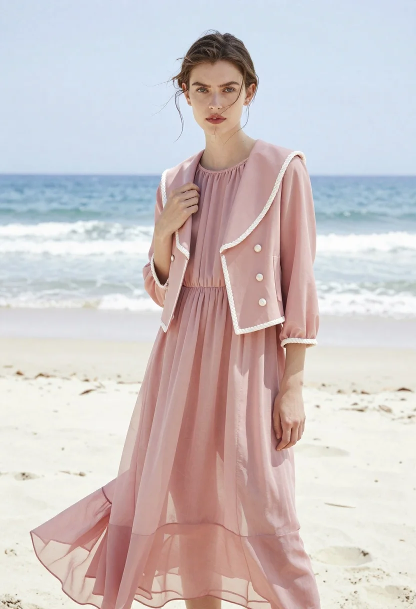 Young woman in dusty pink dress standing on bright sunny beach - AI generated image prompt sample
