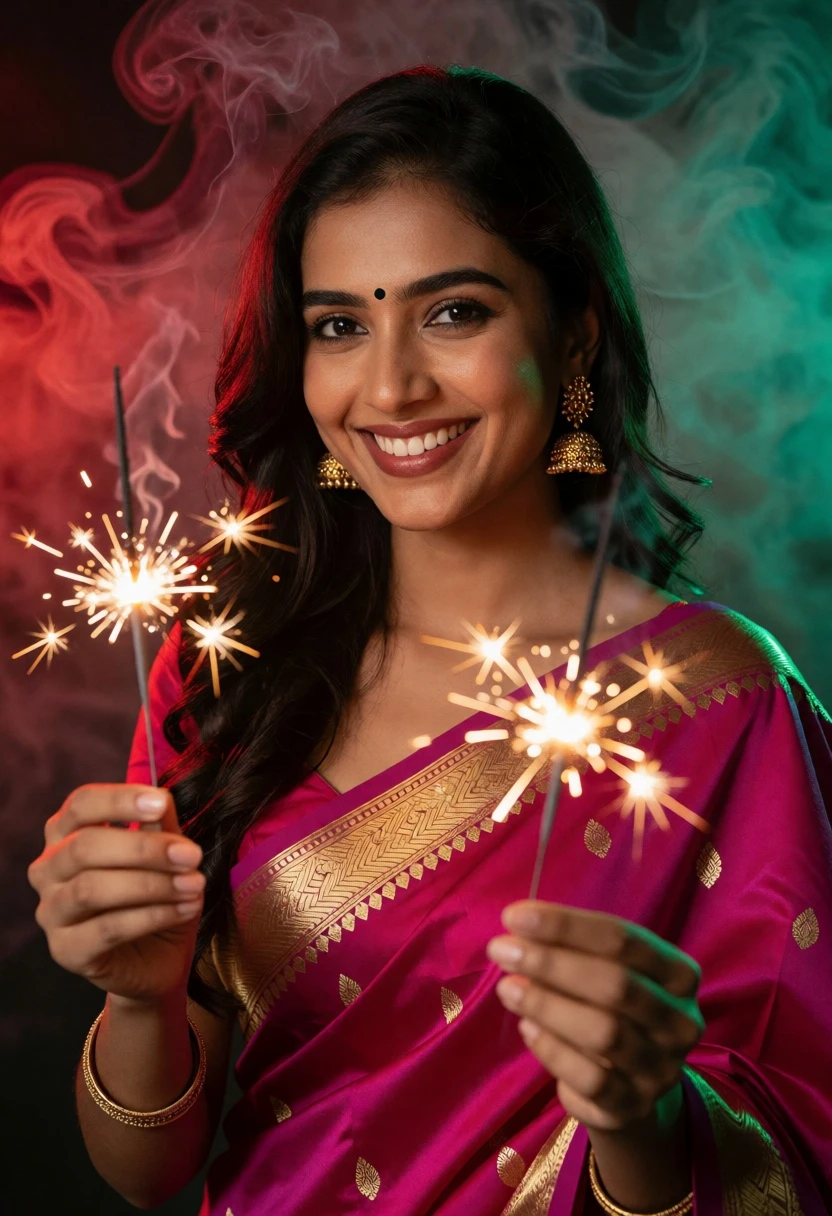 Smiling woman in magenta saree holding lit sparklers against colorful smoke background - AI generated image prompt sample