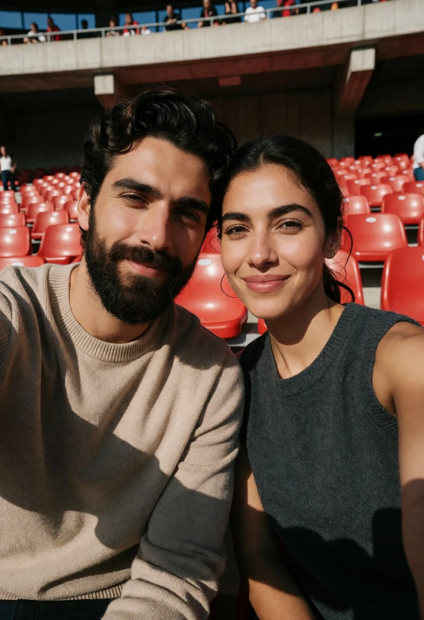 Couple selfie in stadium seats under concrete overhang with strong sunlight - AI generated image prompt sample