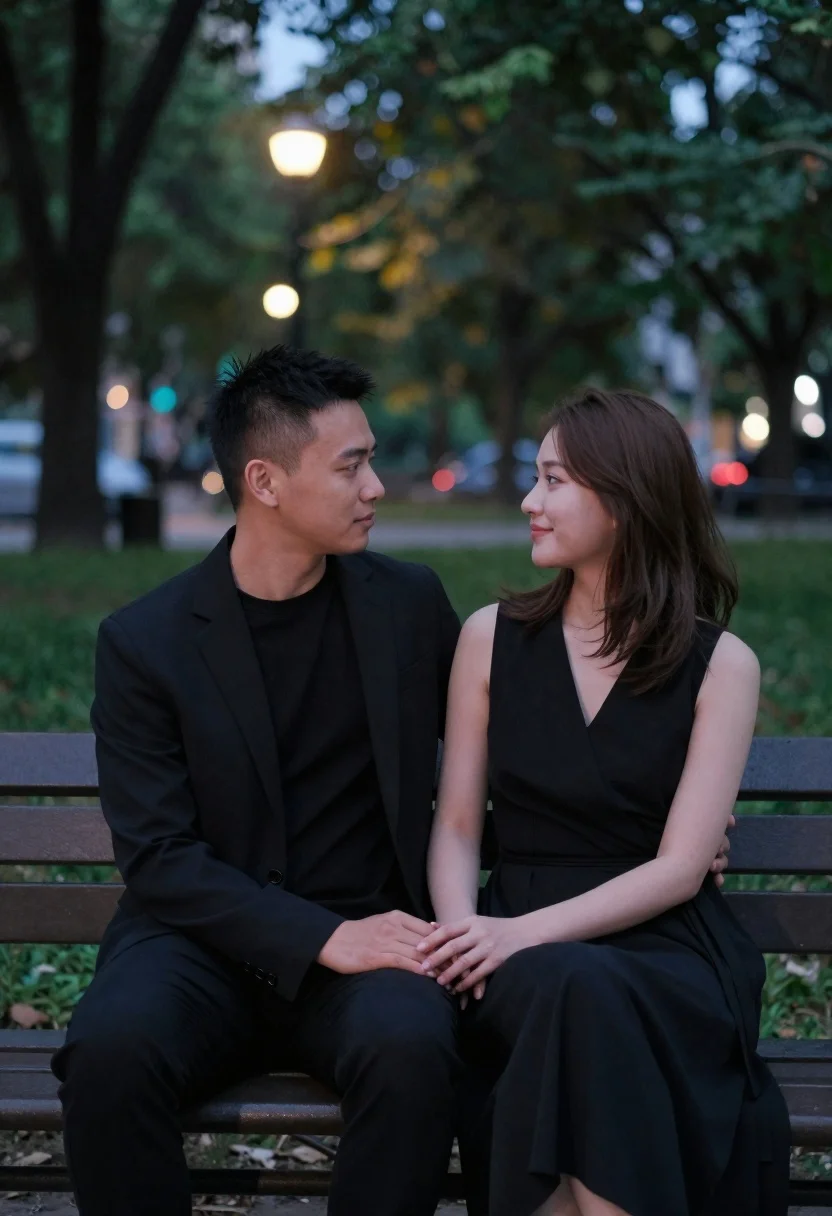 Couple sitting closely on park bench at dusk - AI generated image prompt sample