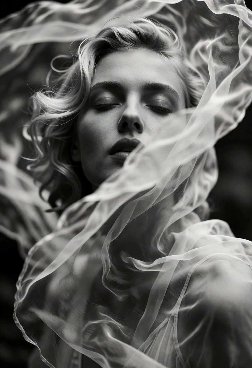 Close up black and white portrait of blonde woman veiled in sheer - AI generated image prompt sample