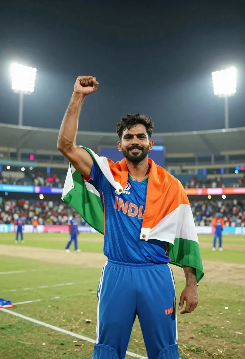 Male cricket athlete in blue jersey celebrating victory in stadium at night - AI generated image prompt sample