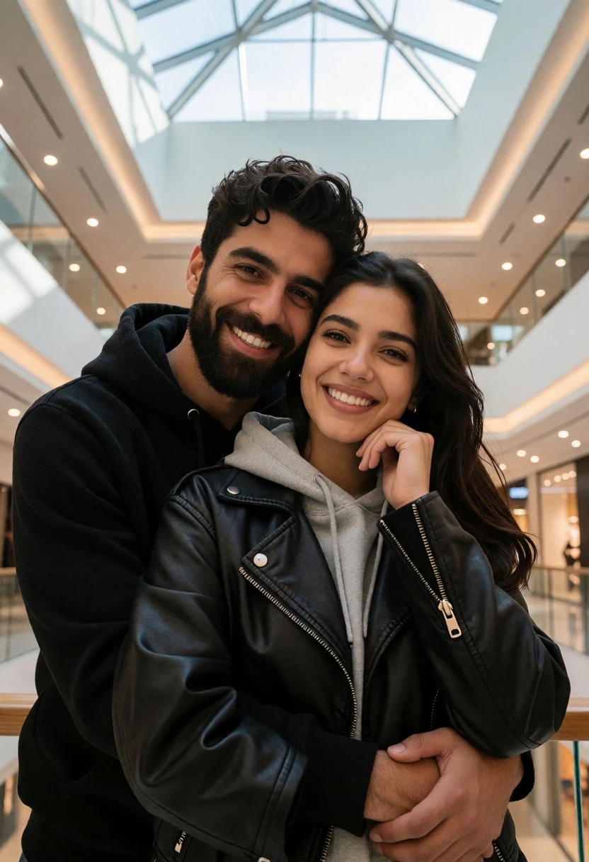 Smiling couple embracing in bright modern shopping mall atrium under skylight - AI generated image prompt sample