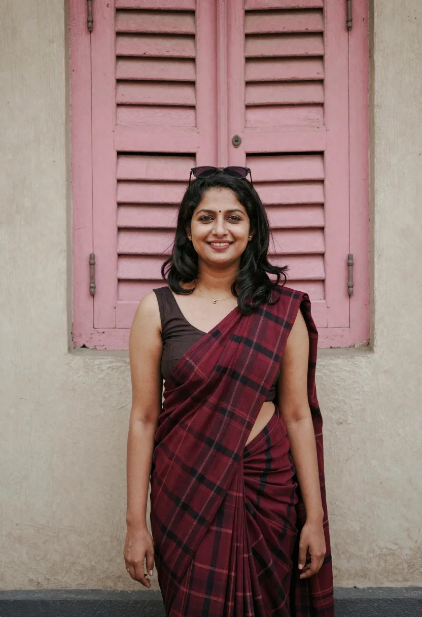 Smiling young woman in saree against weathered pink window shutter