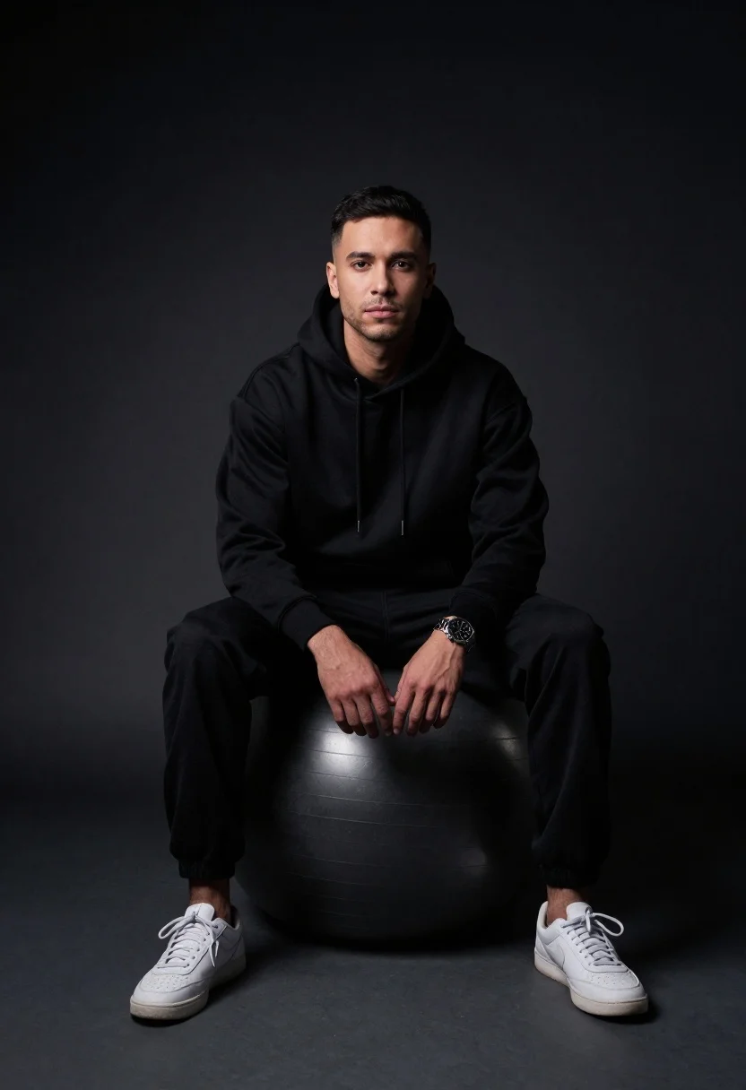 Man sitting on black exercise ball in dark studio