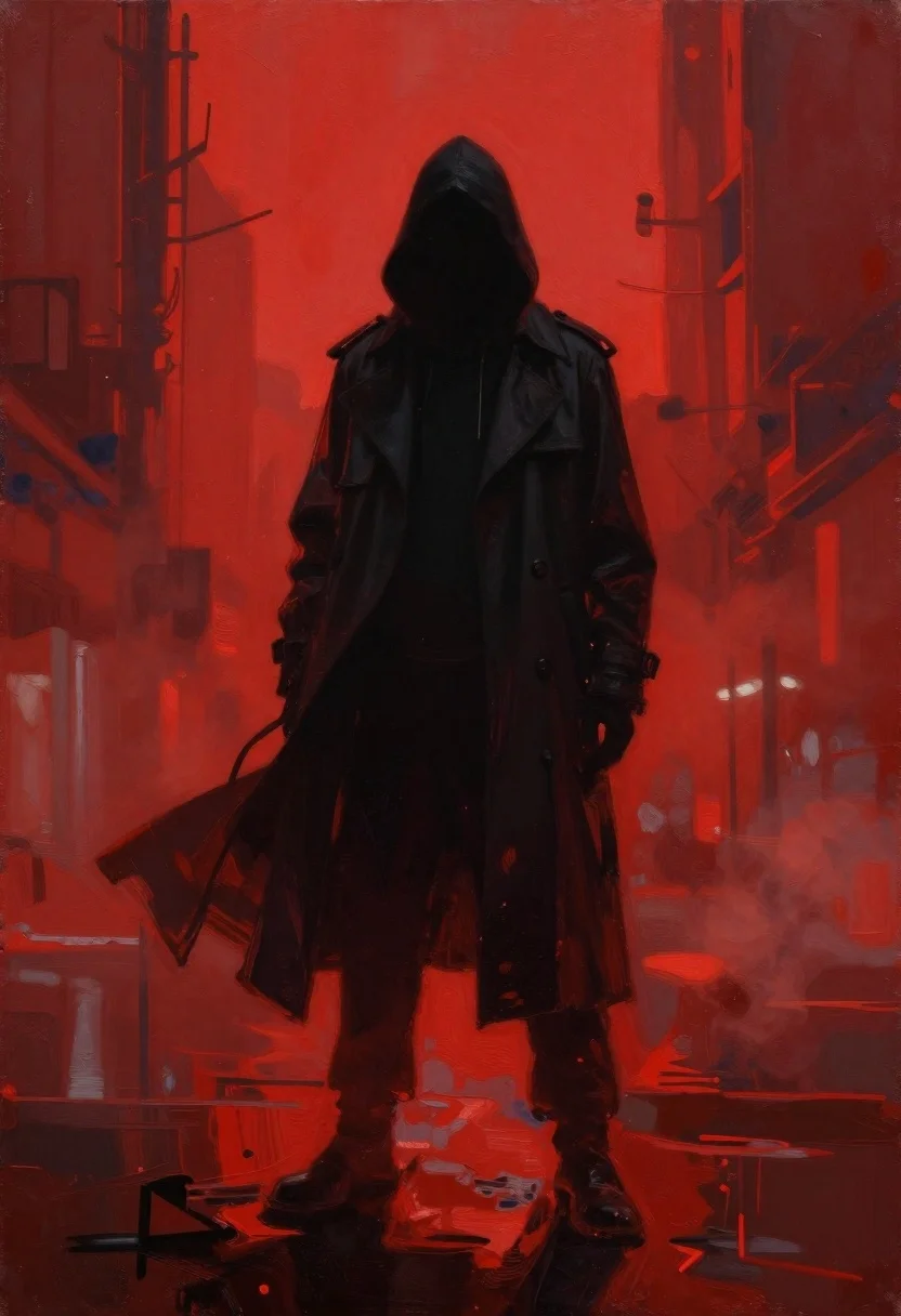 Hooded figure in deep shadow against red backdrop - AI generated image prompt sample