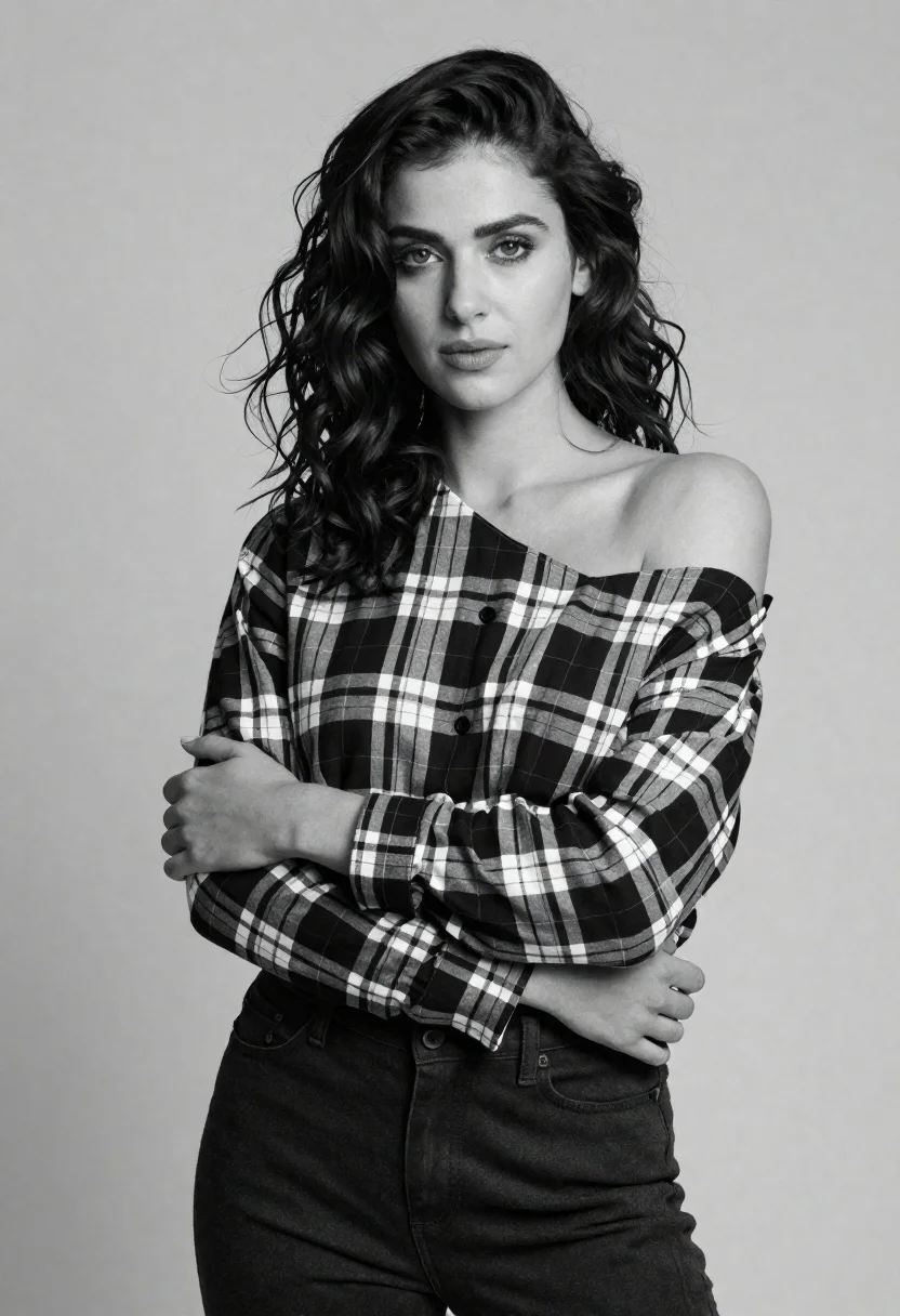 Confident young woman in plaid shirt posing against a light gray studio