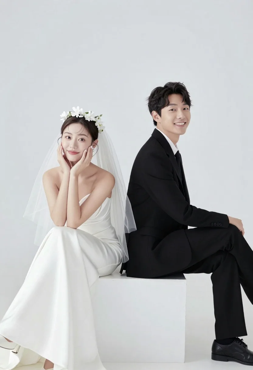 Smiling bride and groom sitting back to back on white block - AI generated image prompt sample
