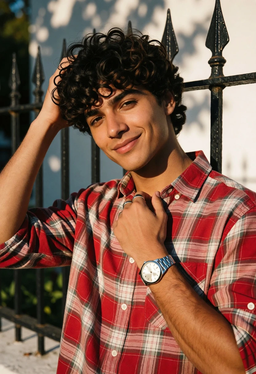 Young man with dark curly hair smiling outdoors by black metal fence - AI generated image prompt sample