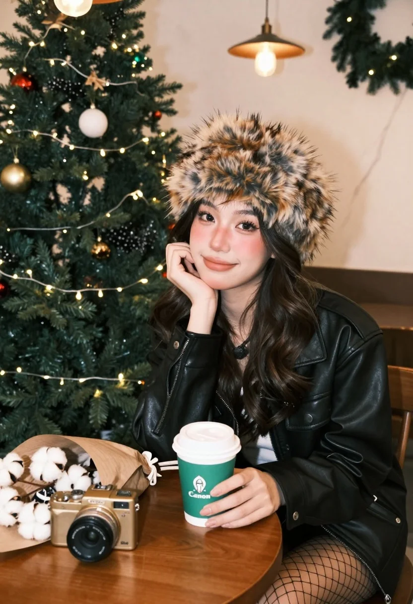 Young woman in leather jacket at cafe with christmas decorations - AI generated image prompt sample
