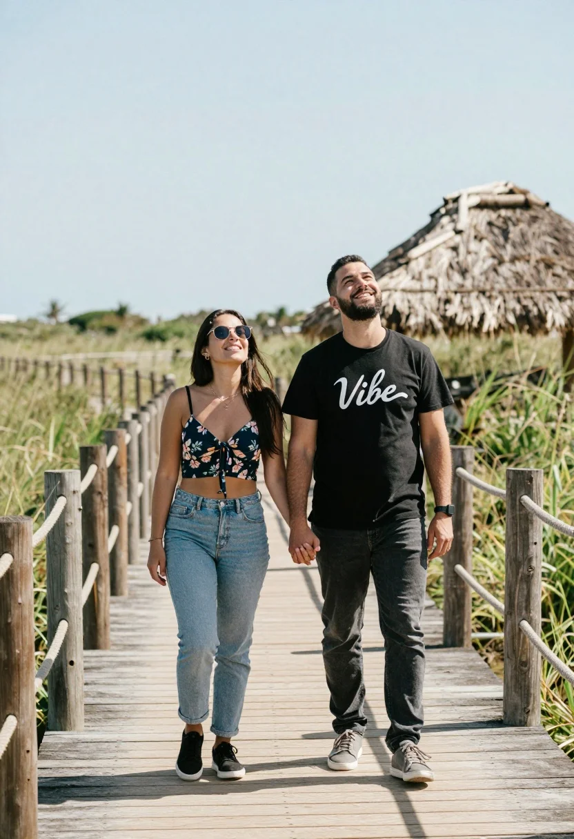 Smiling couple holding hands on a wooden boardwalk under bright sunny sky - AI generated image prompt sample