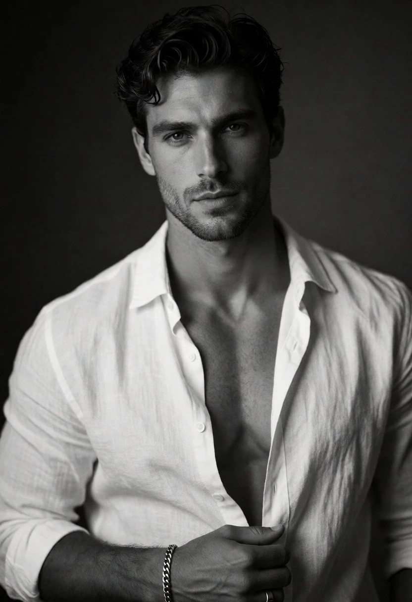 Black and white studio portrait of handsome man with dark wavy hair - AI generated image prompt sample