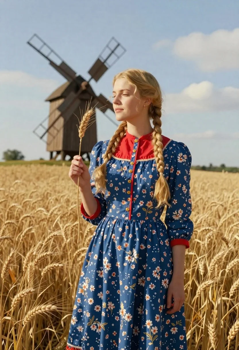 Woman in blue dress standing in wheat field