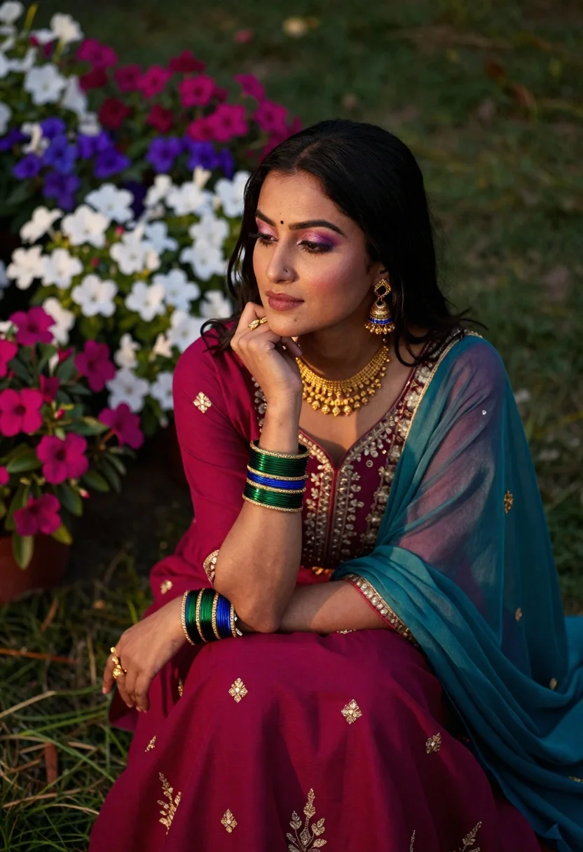 Woman in magenta traditional dress sitting in a flower garden - AI generated image prompt sample