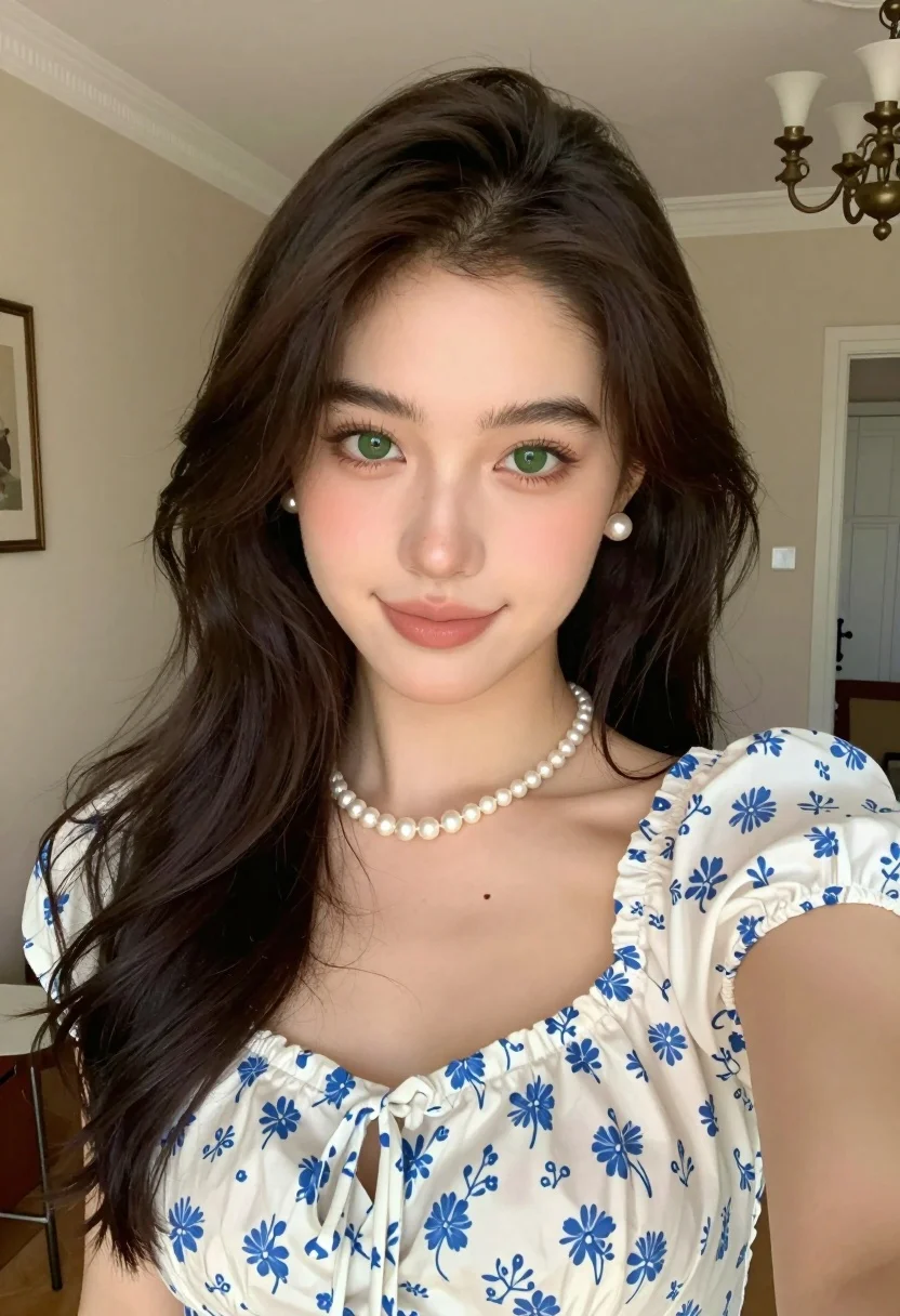 Close up portrait of young woman with brown hair in white blouse - AI generated image prompt sample