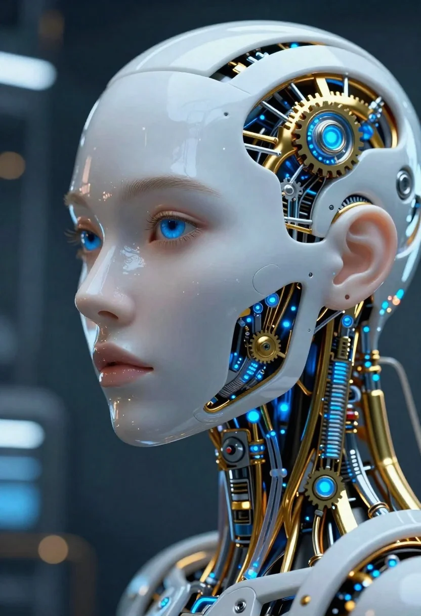 Close up cyborg woman head with golden internal mechanics - AI generated image prompt sample
