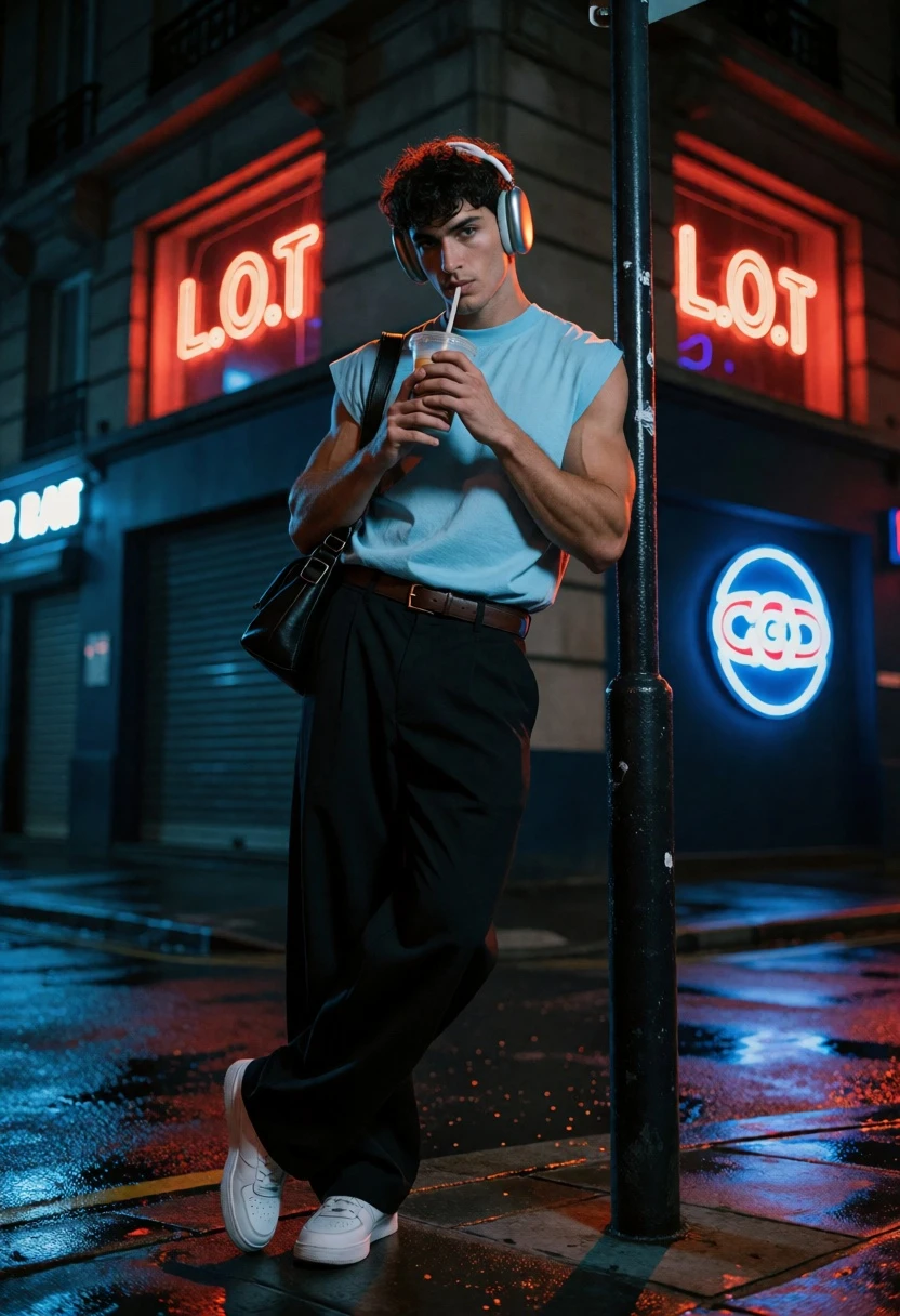 Muscular young man by pole on wet city sidewalk under neon glow - AI generated image prompt sample