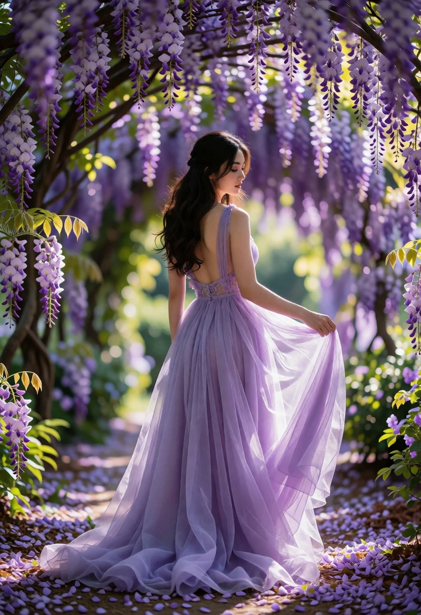 Woman in lavender gown standing under wisteria tunnel with purple blossoms - AI generated image prompt sample