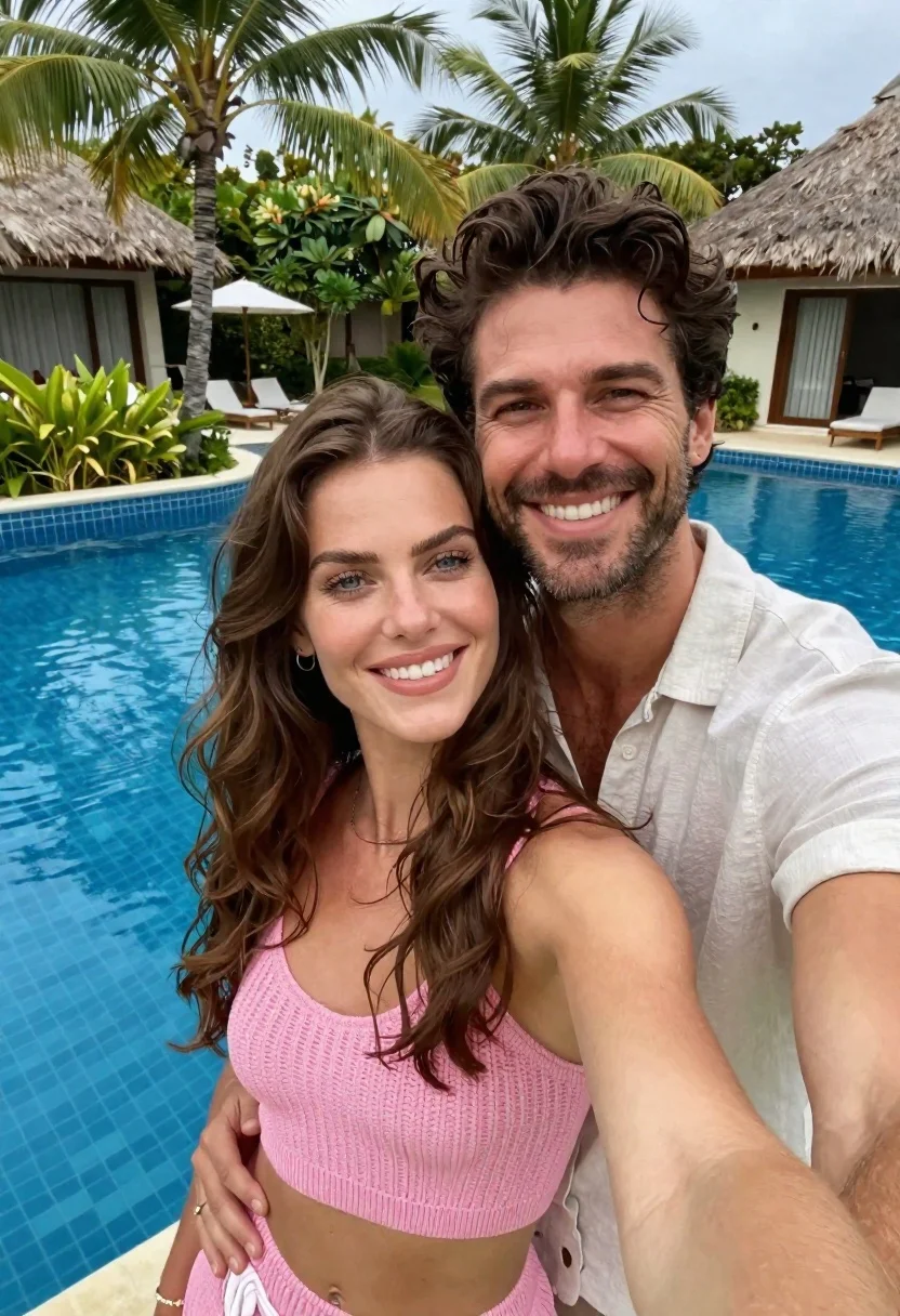 Happy couple taking selfie by tropical resort swimming pool at day - AI generated image prompt sample