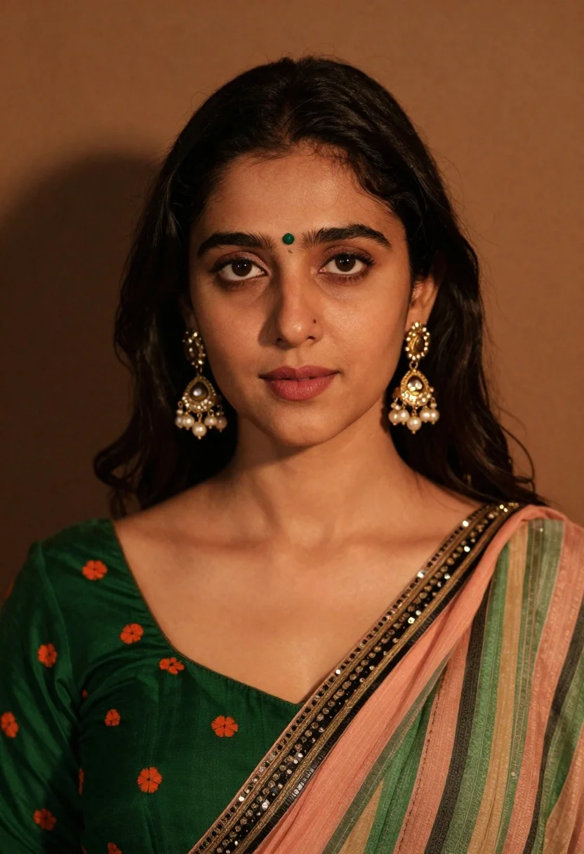 Close up portrait of young woman with dark hair wearing traditional indian