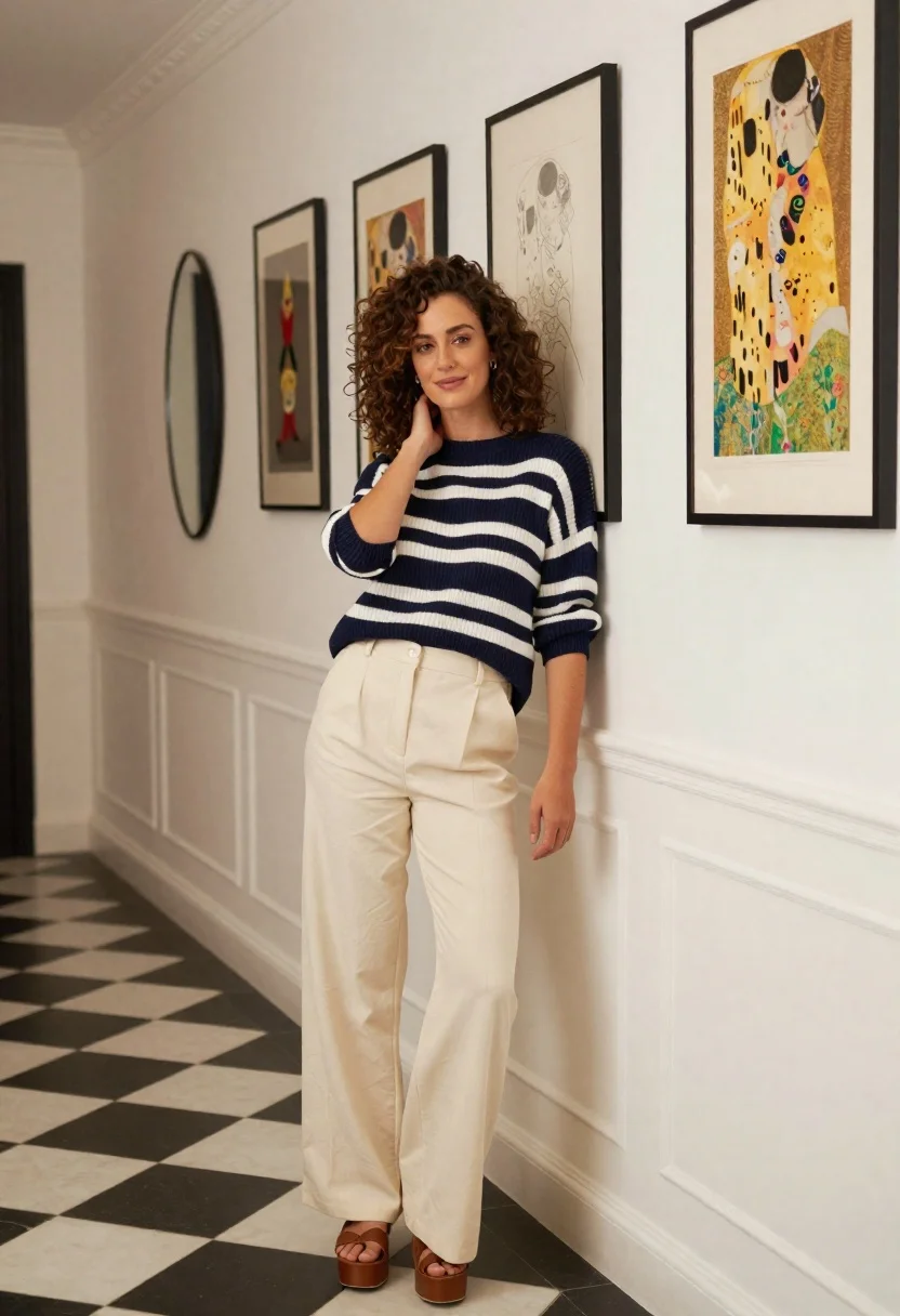 Woman in striped sweater posing in hallway with art prints