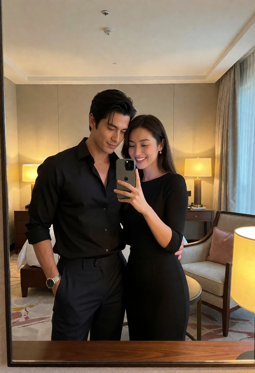 Couple taking a mirror selfie in a modern hotel room setting - AI generated image prompt sample