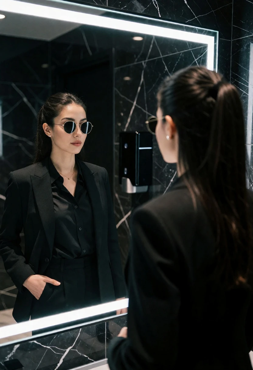 Woman in black suit gazing at reflection in modern mirror setting - AI generated image prompt sample