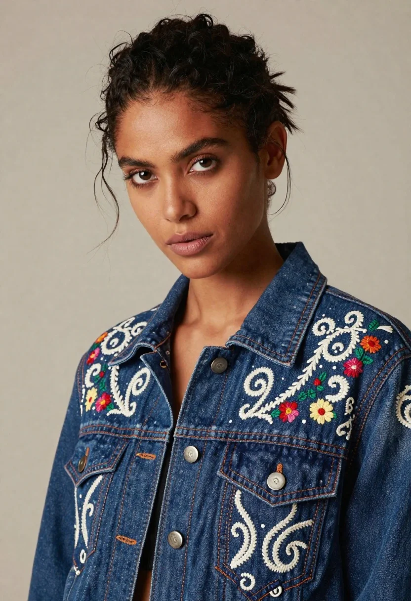 Portrait of woman in embroidered blue denim jacket against beige wall - AI generated image prompt sample