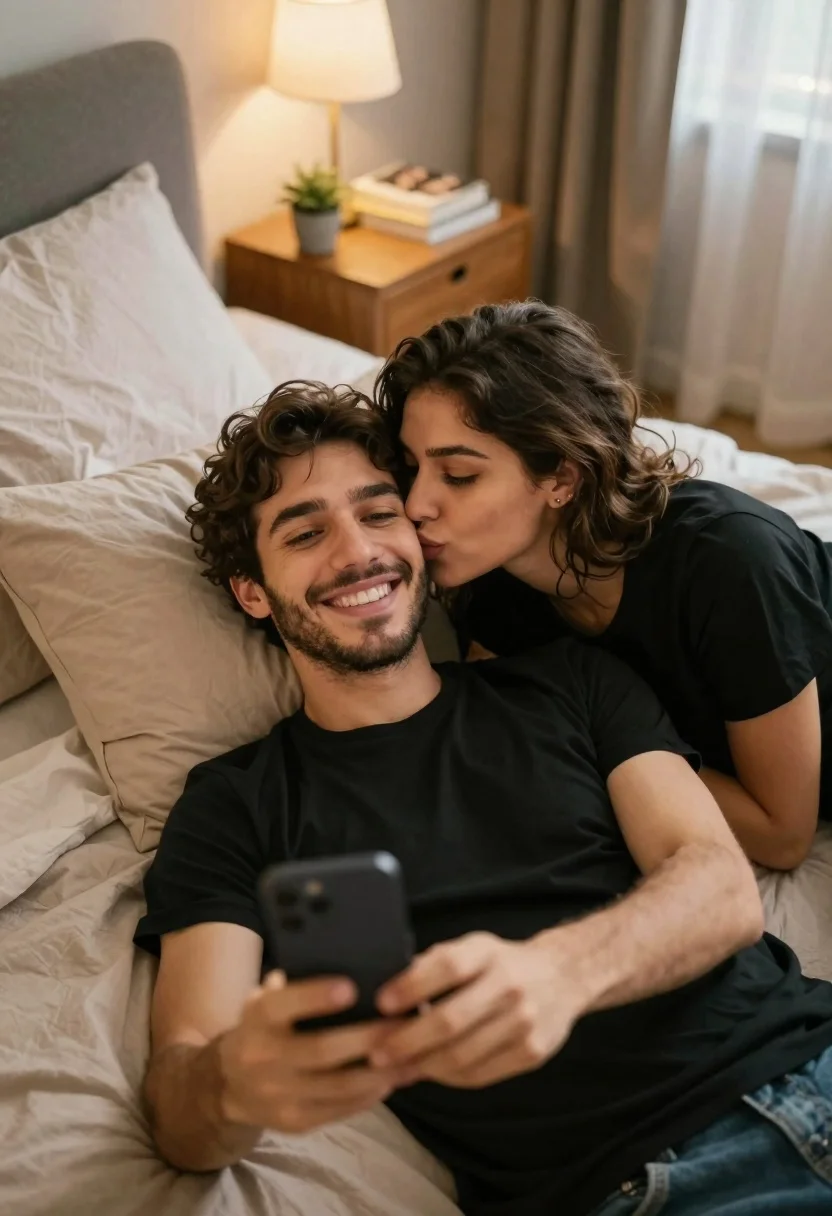 Happy couple taking a selfie in cozy bedroom setting - AI generated image prompt sample