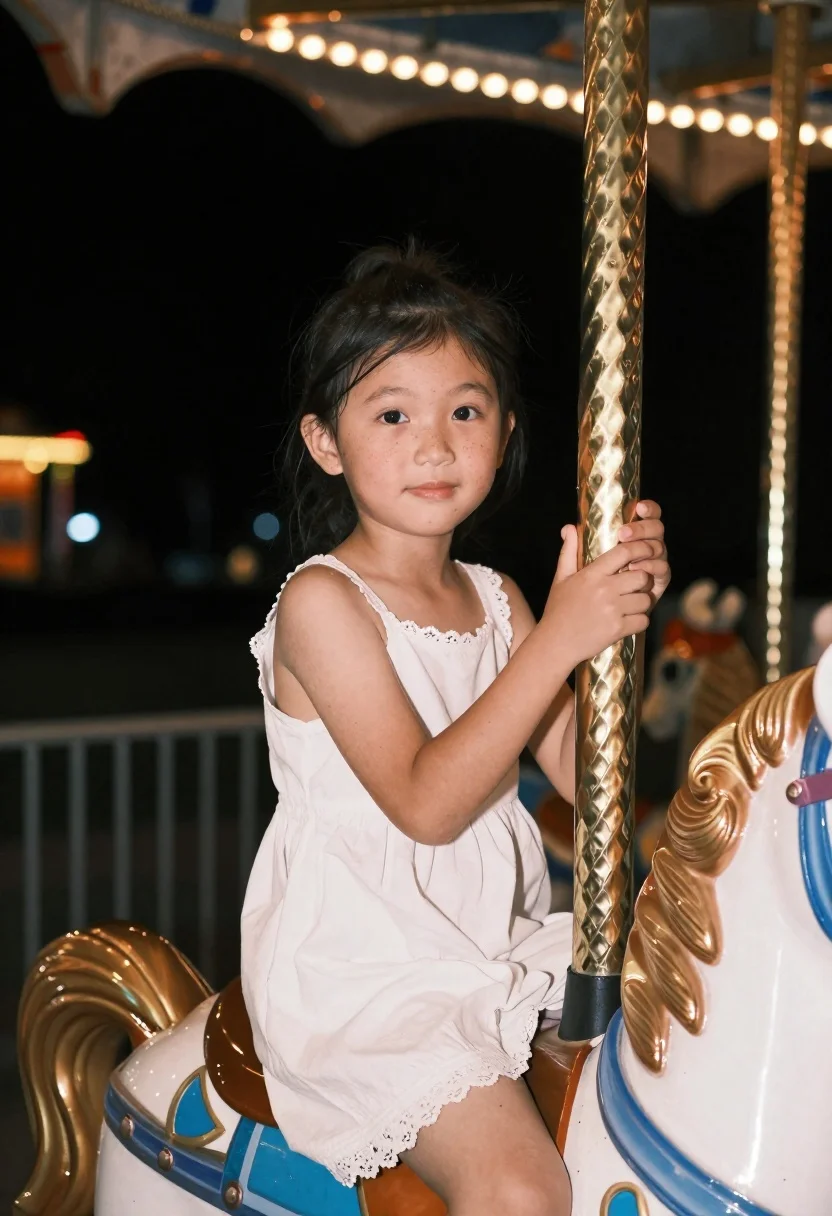 Young girl in white dress on carousel horse at night - AI generated image prompt sample