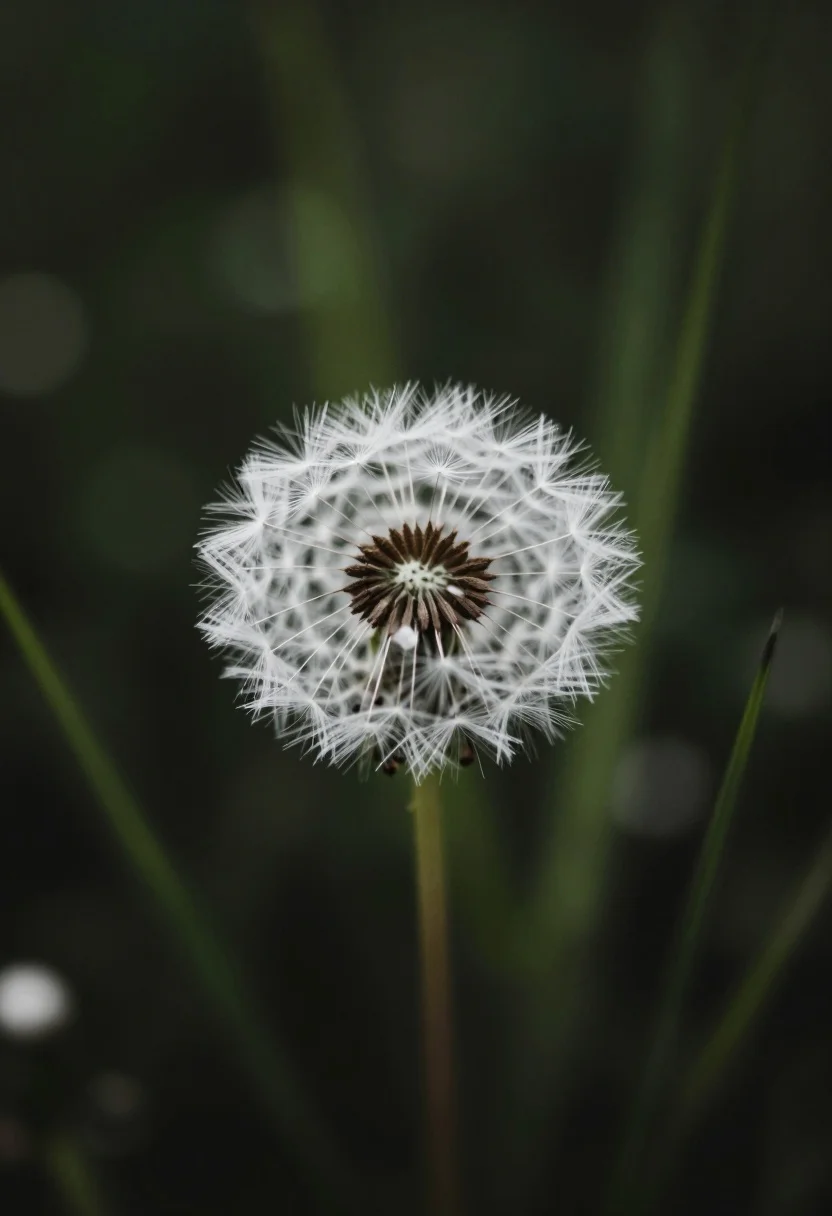 Close up macro shot of solitary white dandelion seed head against dark - AI generated image prompt sample