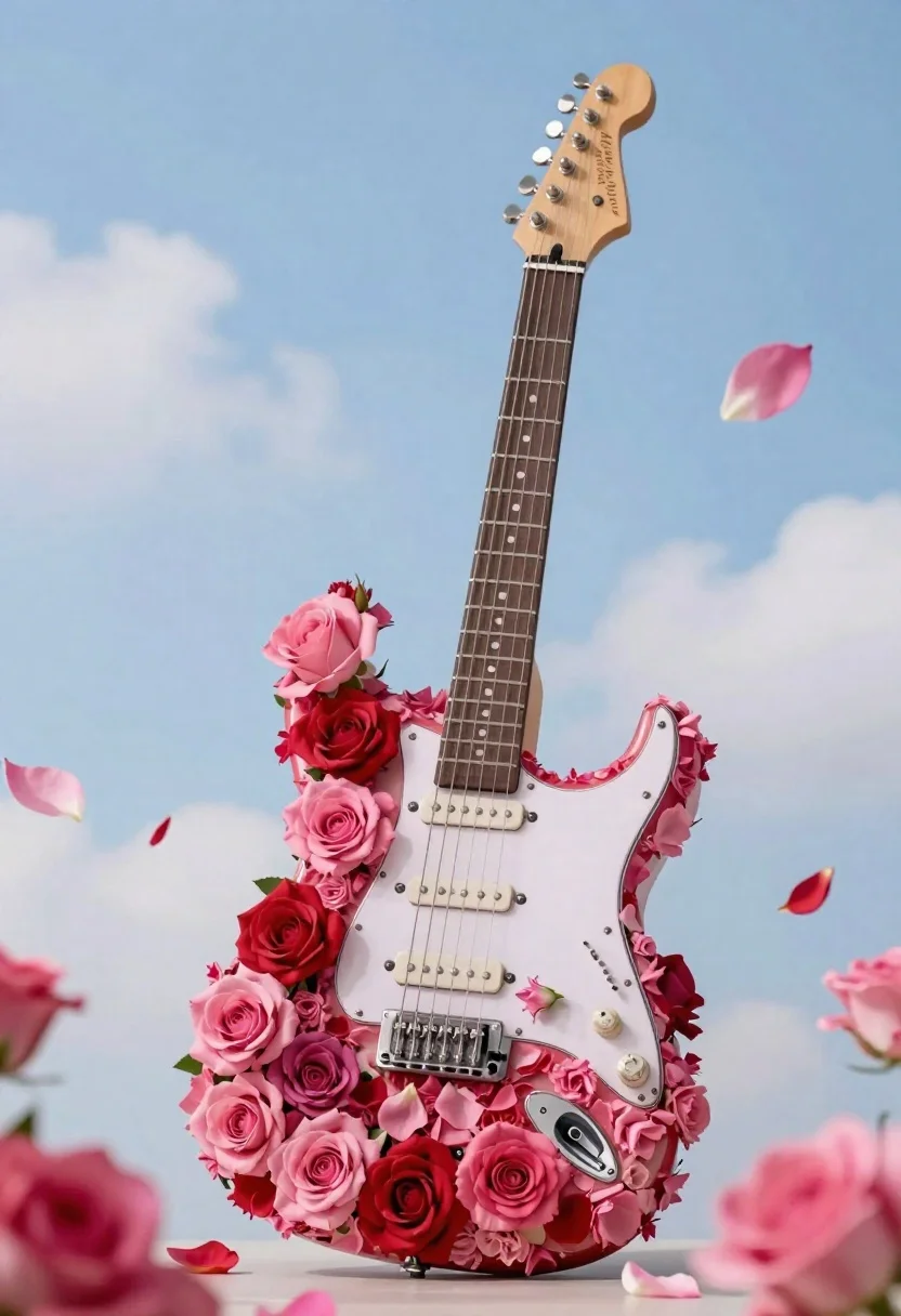 Electric guitar covered in roses against soft blue sky