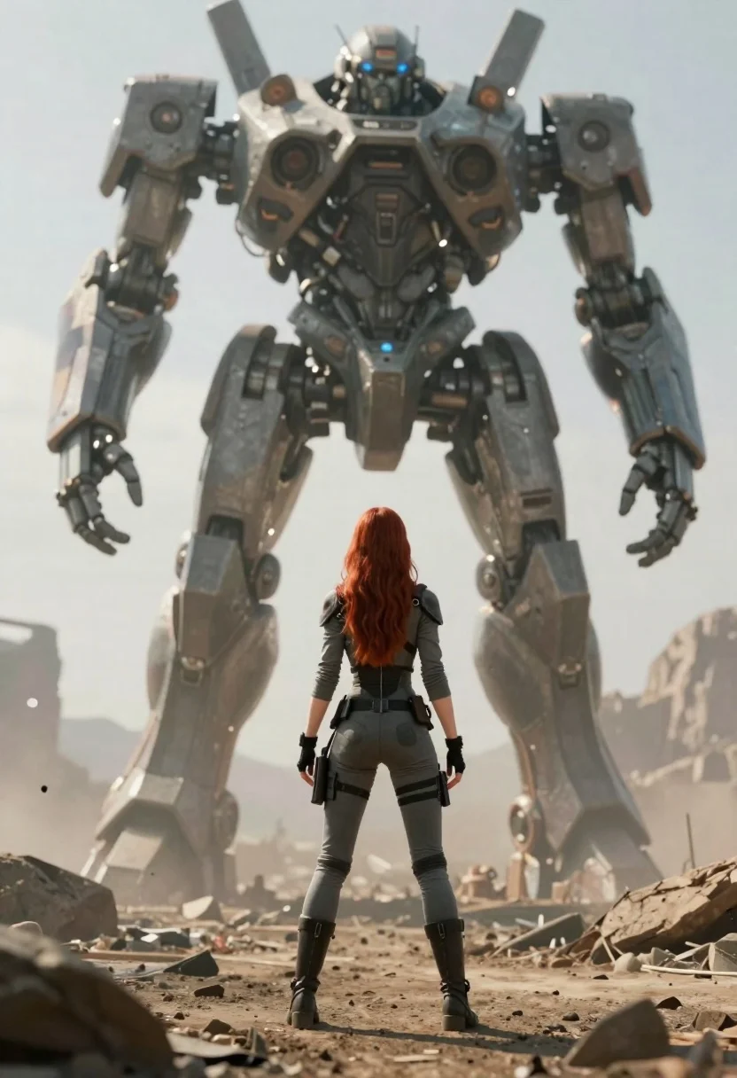 Woman standing before enormous mech walker in alien landscape