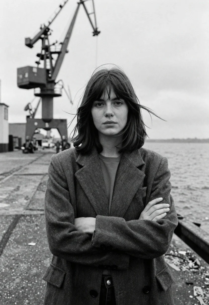 Young woman in blazer on industrial dock with metal cranes background - AI generated image prompt sample