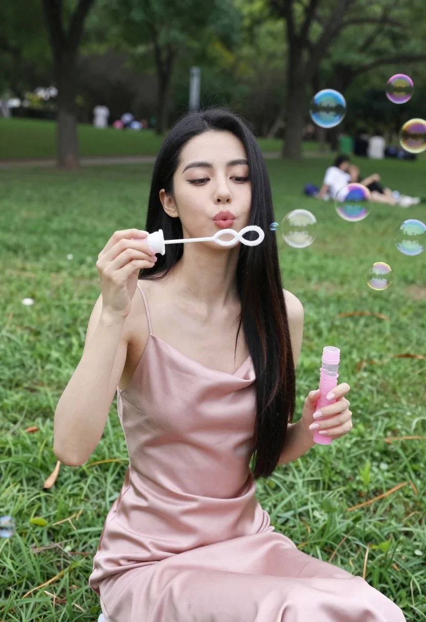 Young woman with long black hair blowing bubbles in a green park - AI generated image prompt sample