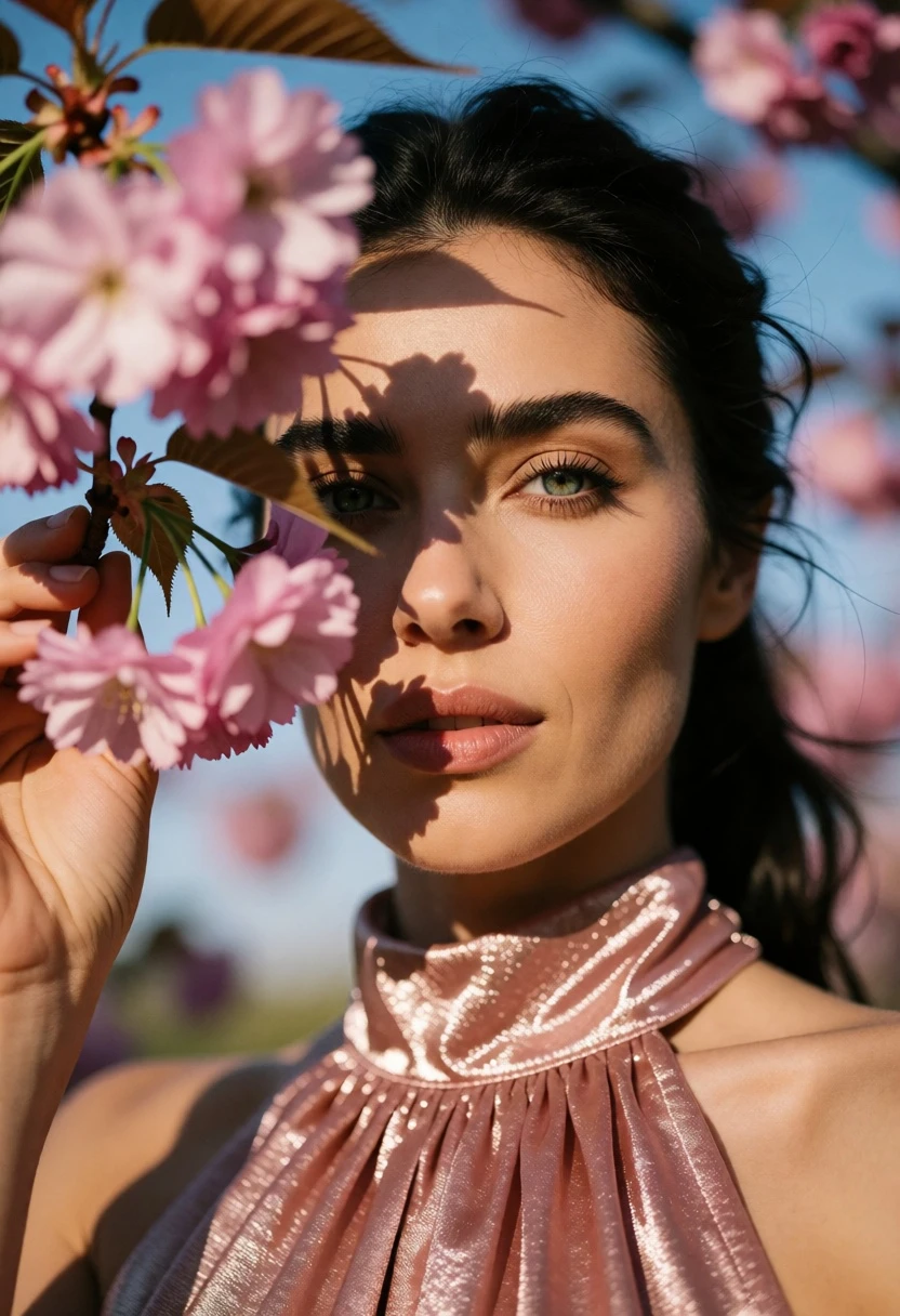 Close up portrait of woman with dark hair framed by pink cherry - AI generated image prompt sample