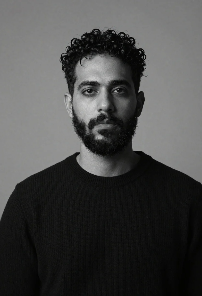 Monochrome studio portrait of bearded man in black sweater