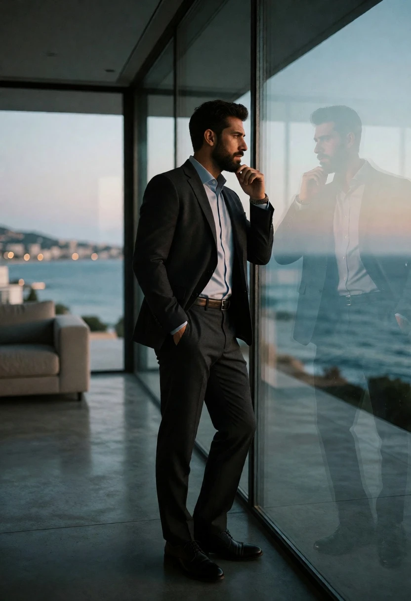 Man in charcoal suit gazing at blue sea through modern glass window - AI generated image prompt sample