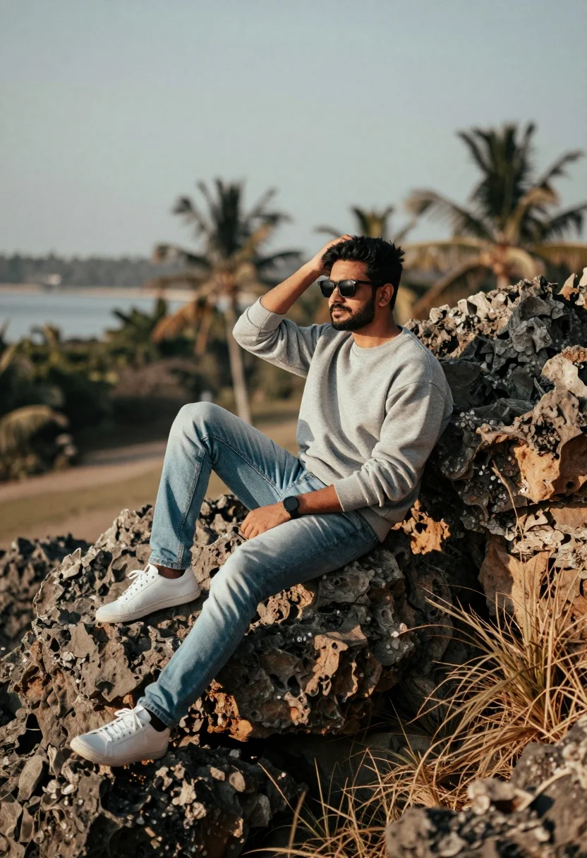 Man sitting on rock formation overlooking blurred tropical landscape background - AI generated image prompt sample