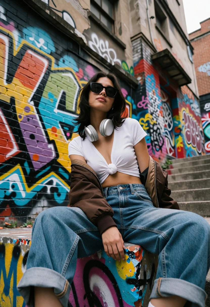 Young woman seated in urban alleyway surrounded by vibrant graffiti art - AI generated image prompt sample