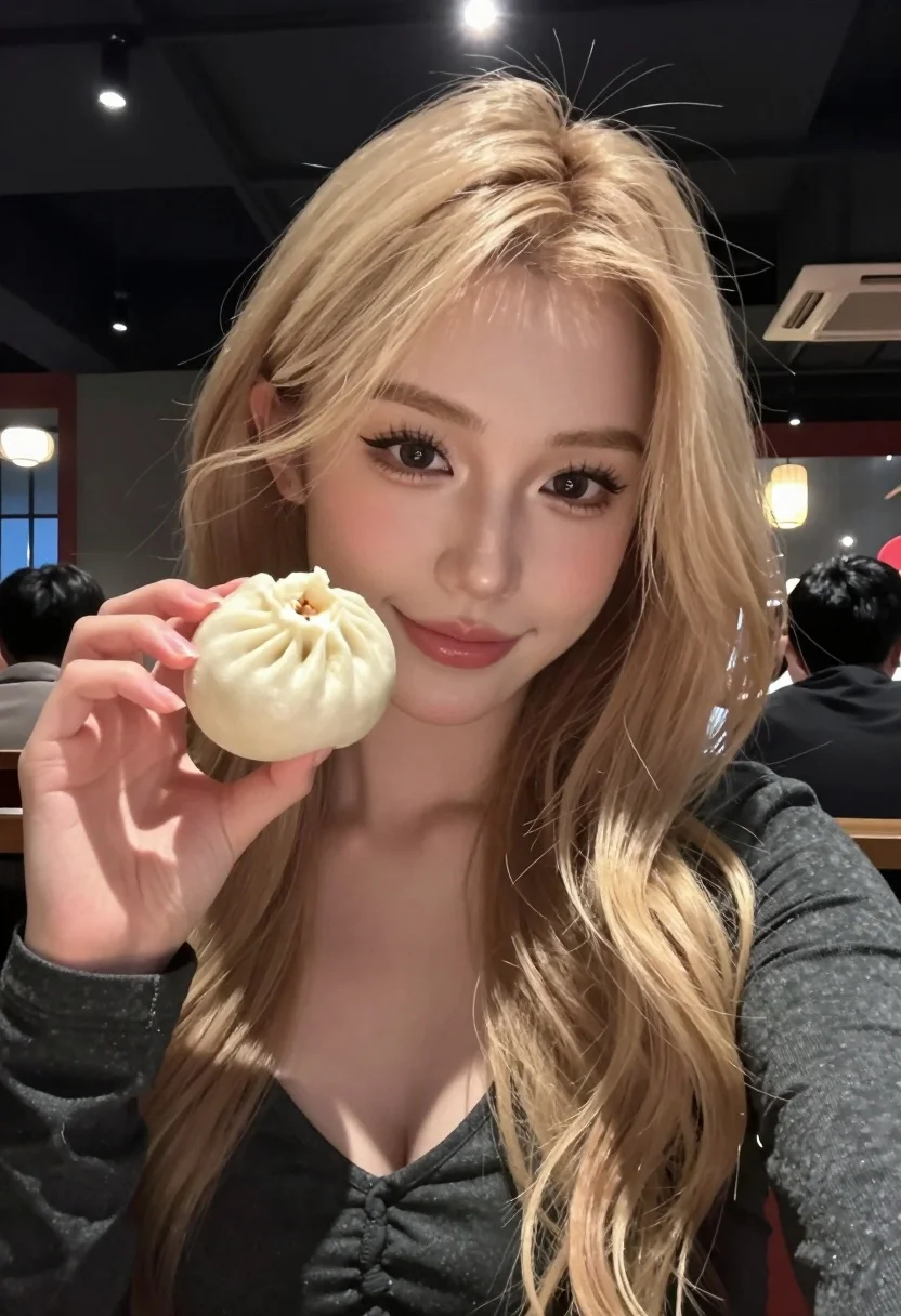 Close up selfie of blonde woman holding steamed bun in dimly lit - AI generated image prompt sample