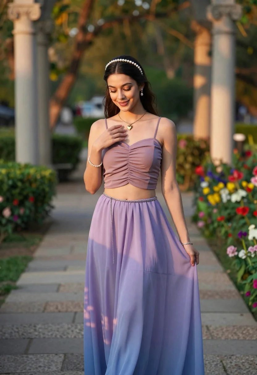 Young woman in mauve top and lavender skirt standing on garden path - AI generated image prompt sample
